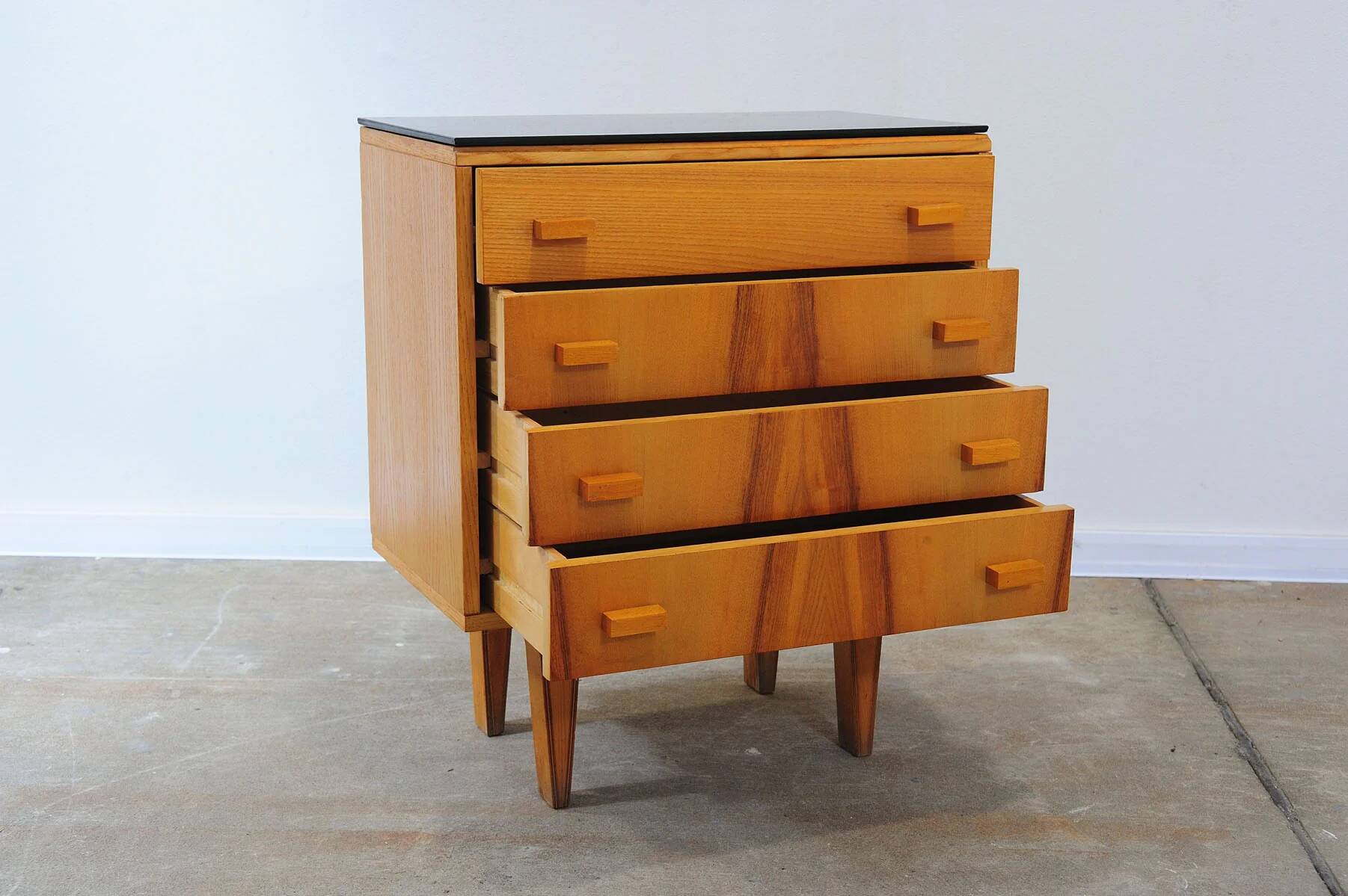 Mid-century bedside tables with ash veneer and black glass by František Mezulánik, Nový Domov, Czechoslovakia, 1970s.