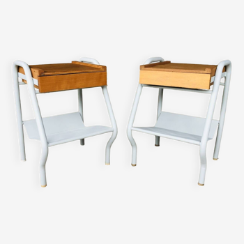 Pair of vintage metal and wood bedside tables, circa 50's/60's