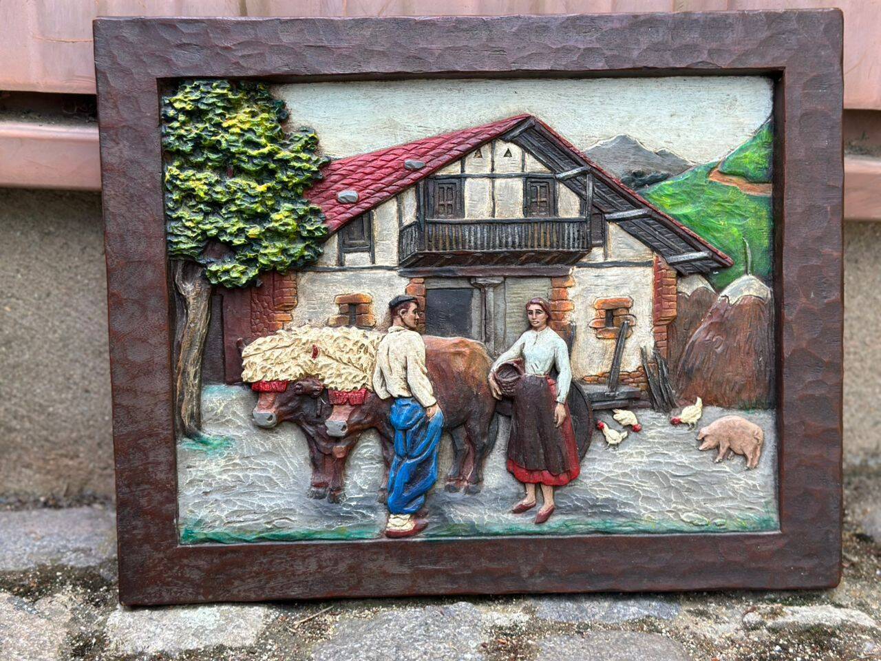 Wooden bas-relief panel, carved and painted