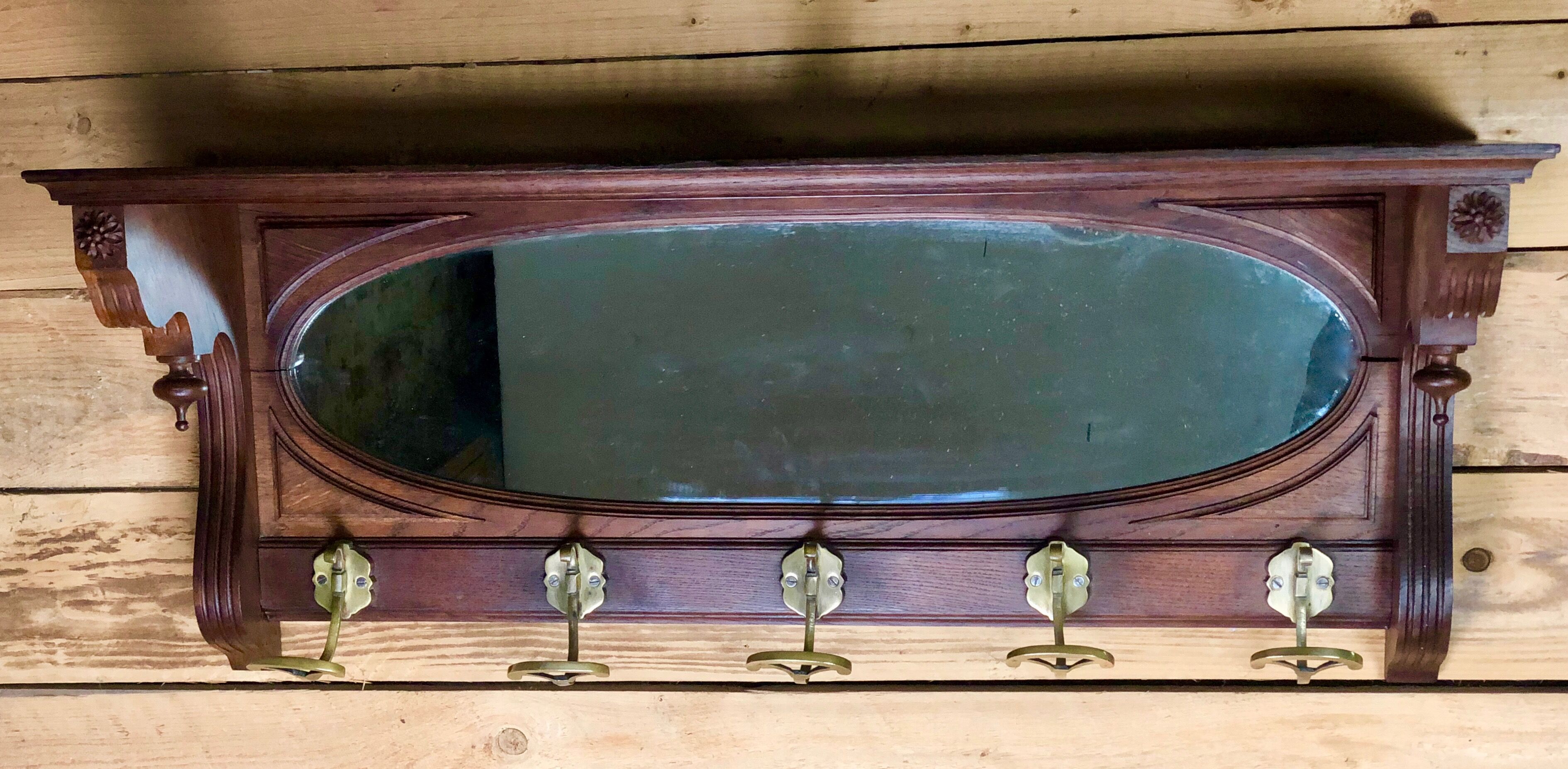 Walnut coat / towel holder 5 brass hooks 1900