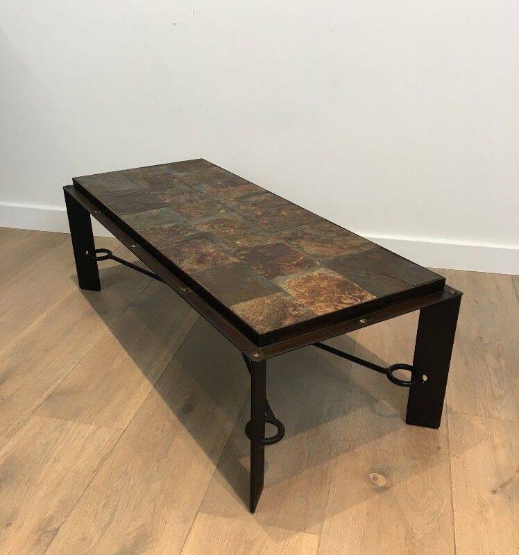 Rare coffee table in steel and wrought iron with a top made of lava stones