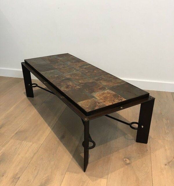 Table basse en acier, fer forgé et pierre de lave