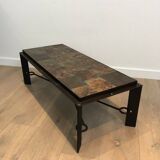 Rare coffee table in steel and wrought iron with a top made of lava stones