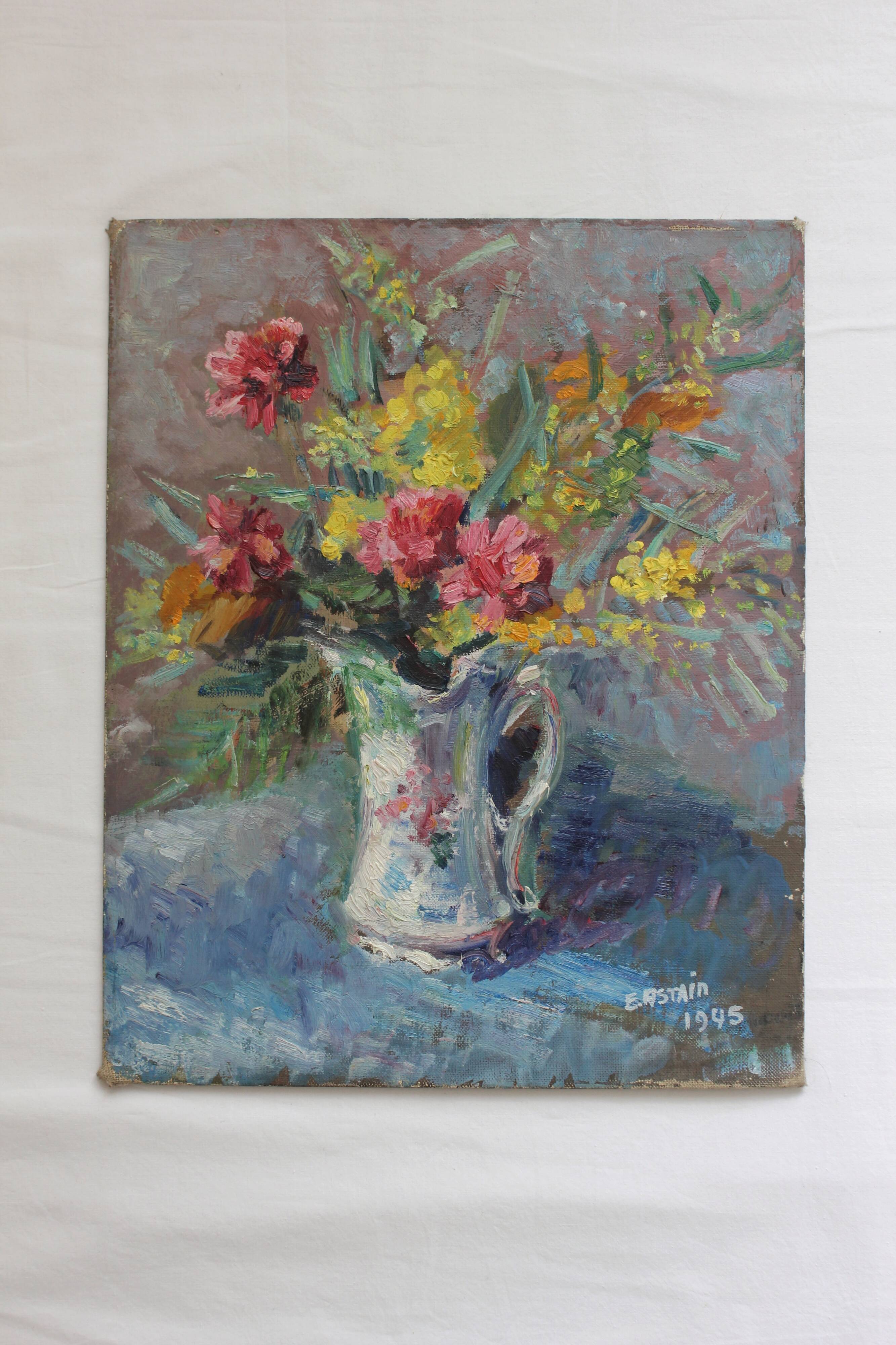 Old painting, oil on cardboard signed E. Astain, "Flowers", 1945
