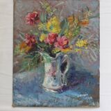 Old painting, oil on cardboard signed E. Astain, "Flowers", 1945