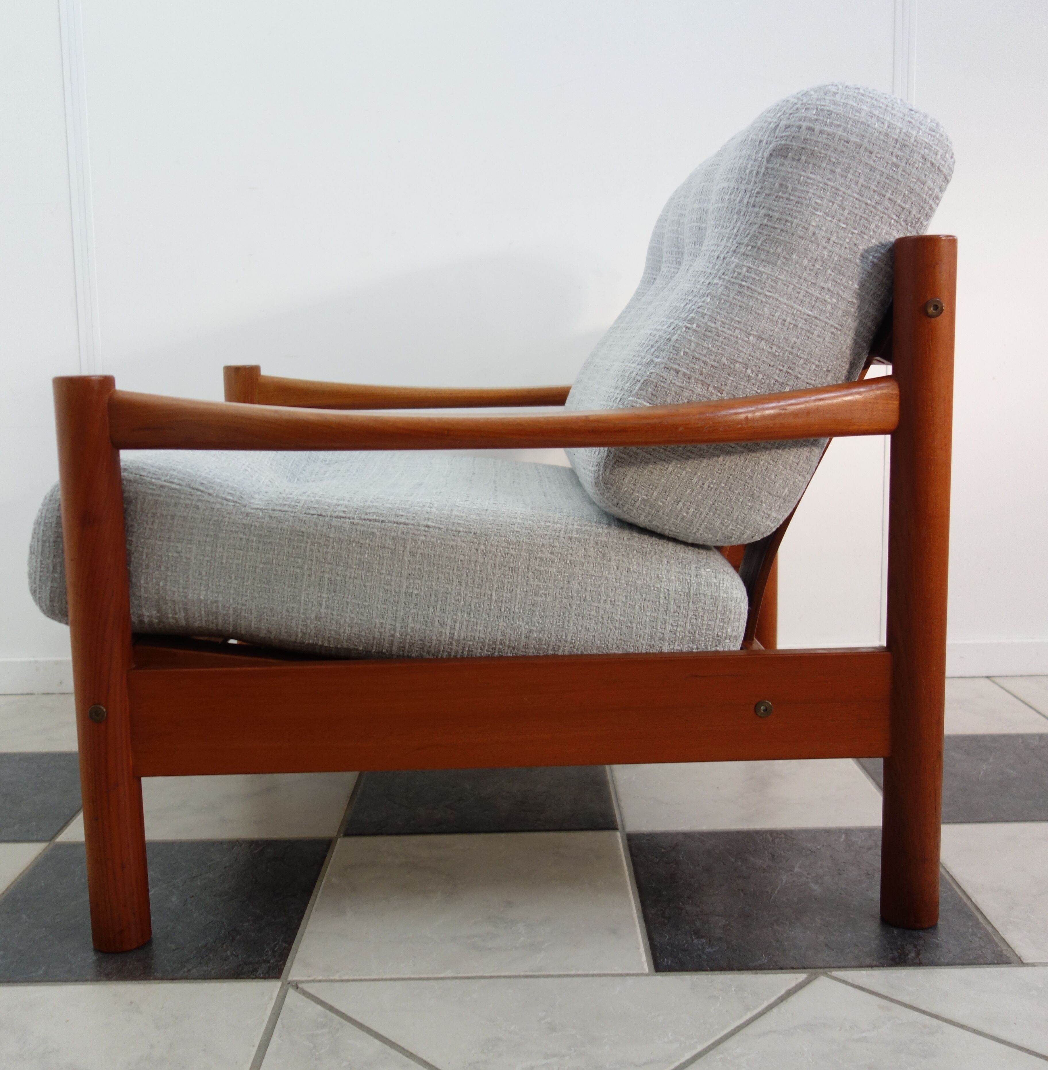 Teak danish chair with light grey upholstery