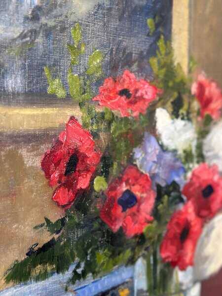 Original early century Swedish oil on canvas – "Tulips and Poppies" by Johan Jacobsson – vintage & framed 68 × 80 cm (26.8" × 31.5")