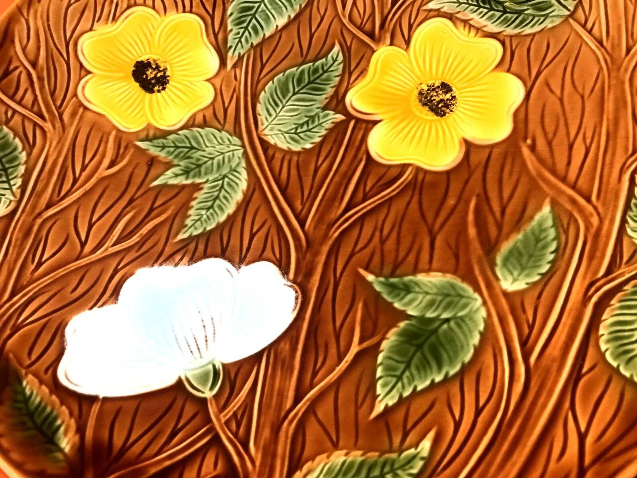 1950s Large floral platter Sarreguemines France Glazed ceramic