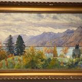 Old painting, landscape of a Swiss lake, signed A Bezencon, dated 1921
