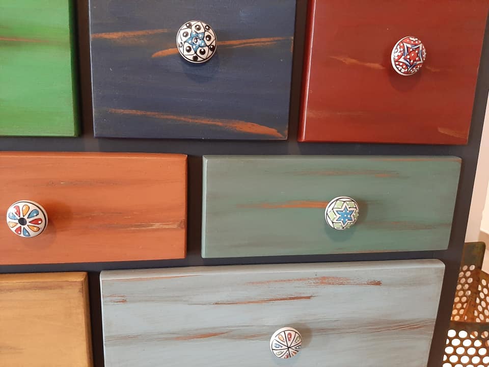 Furniture commode 15 drawers table patchwork patina ebeniste all solid wood multicolored