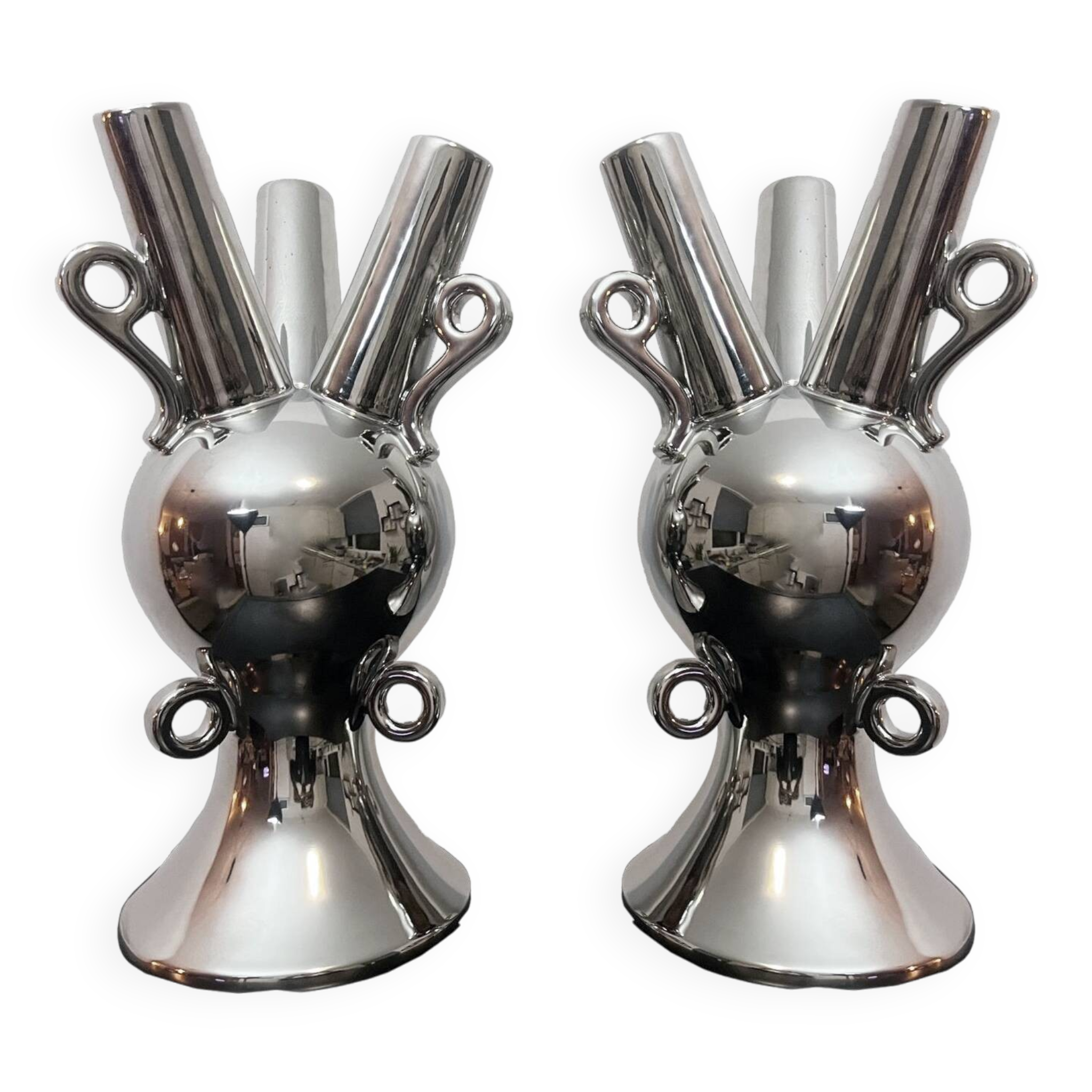 2 Grands Vases Vintage • Céramique Chromée • XXL • 1990
