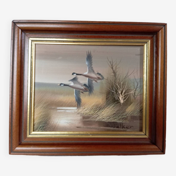 Oil on canvas, wooden frame, flight of ducks, nature, signed C. Walker