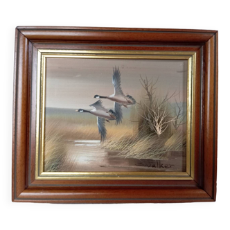 Huile sur toile encadrement bois envol de canards, nature, signé C. Walker