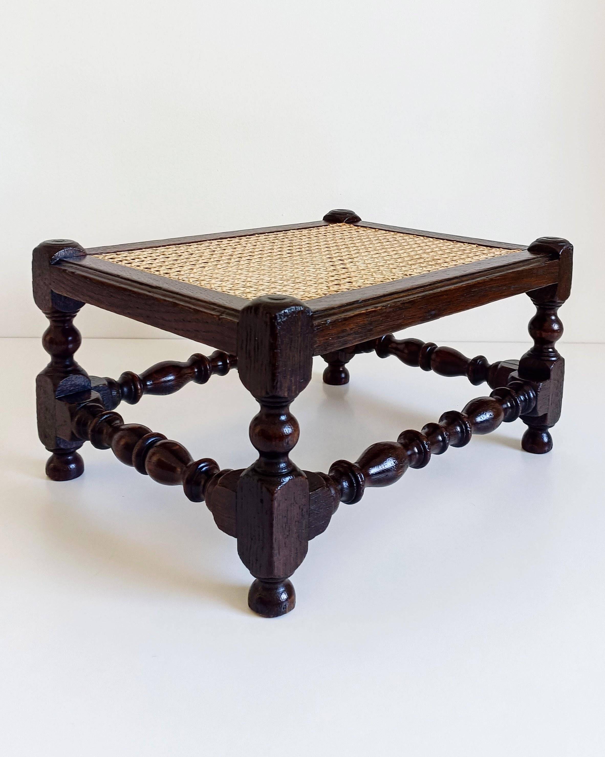 Antique Belle Epoque Oak Wood and Cane Footstool/ Occasional Table, late 19th-C