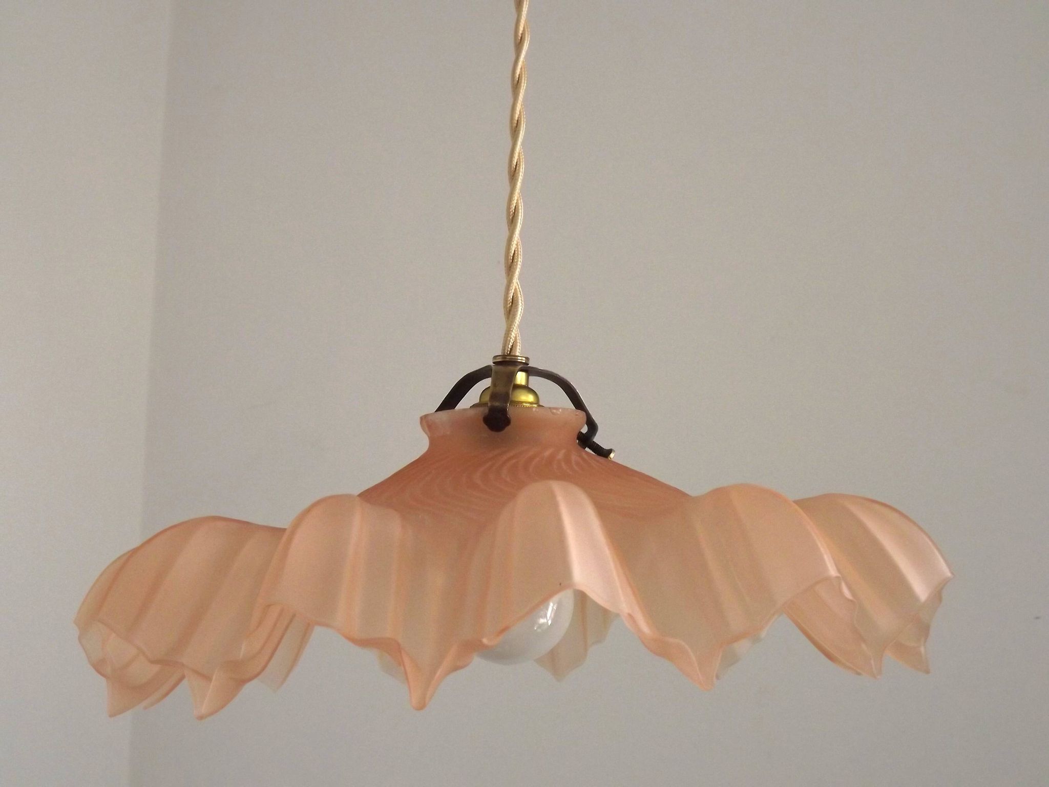 French Vintage 1930s Pink Frilled Glass Shade Hanging Light Brass Fittings