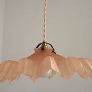 French Vintage 1930s Pink Frilled Glass Shade Hanging Light Brass Fittings