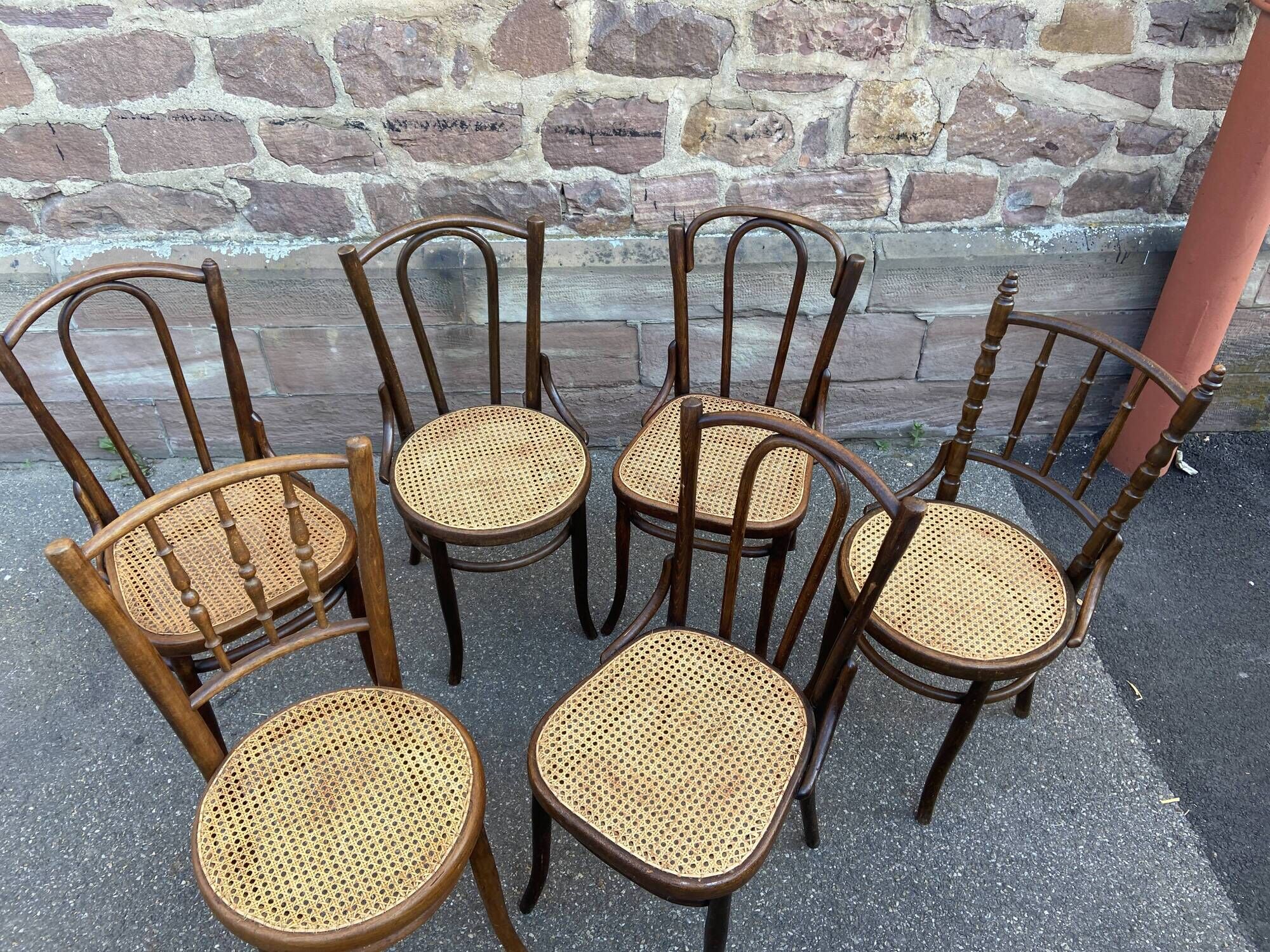 Set of 6 mismatched Viennese bistro restaurant chairs from the 1920s