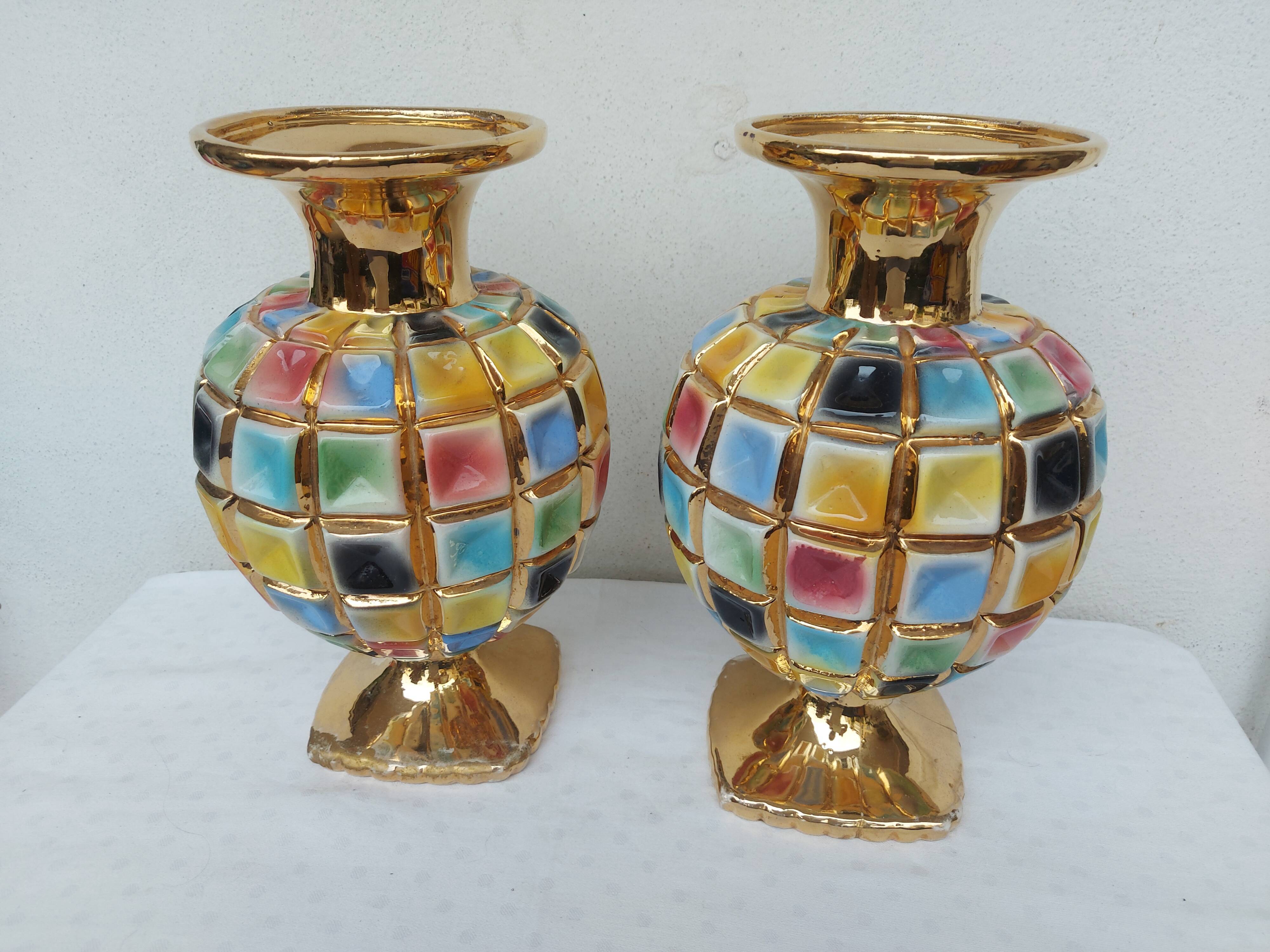 PAIR OF CERAMIC VASES DOREE, POLYCHROME, VINTAGE ITALY 60'S