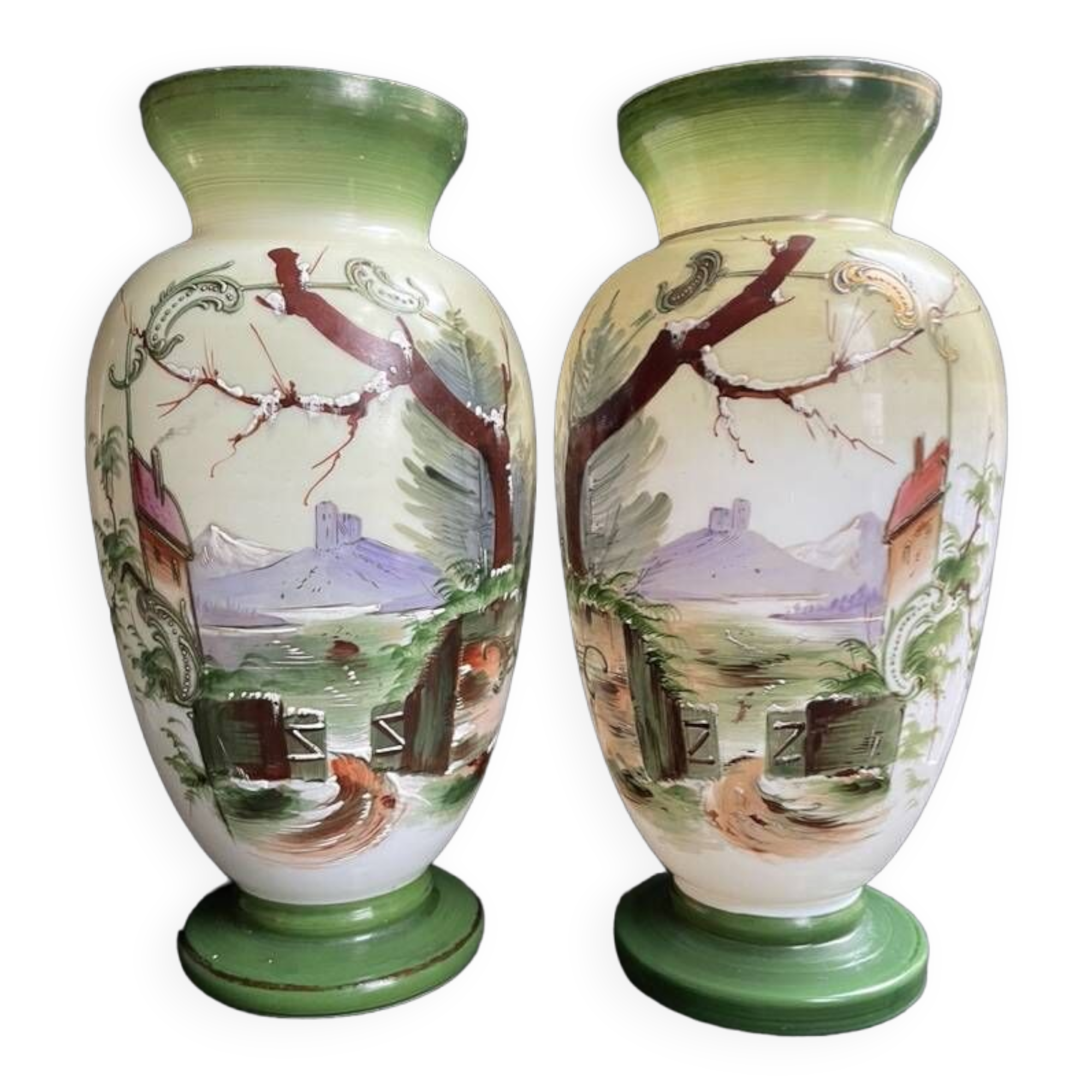 Pair of large hand-decorated opaline vases with marks on the heel – Napoleon III