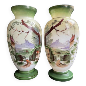 Pair of large hand-decorated opaline vases with marks on the heel – Napoleon III