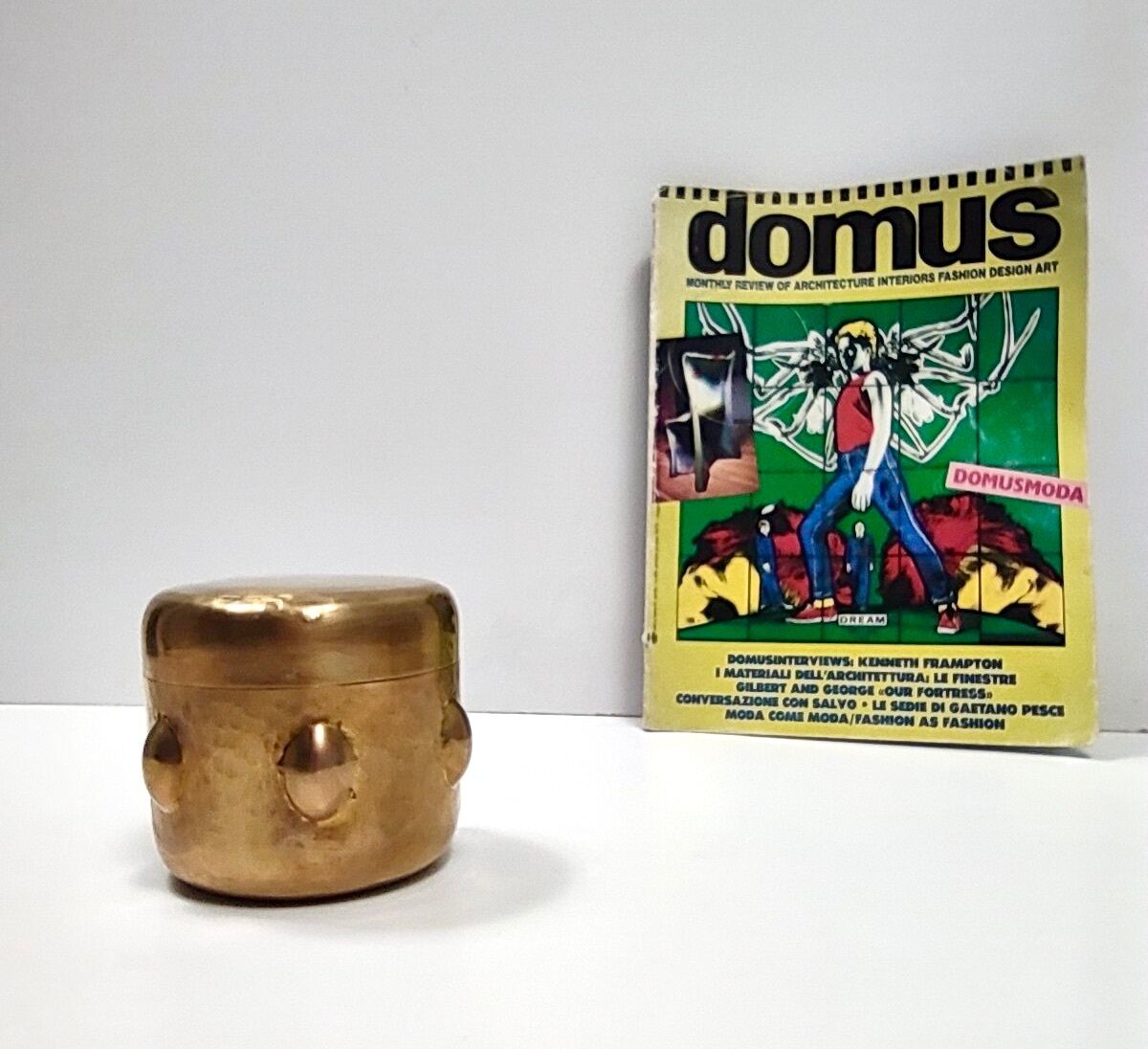 Vintage cylinder embossed brass storage box, italy