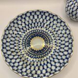 Service à thé russe en porcelaine Lomonosov en filet de Cobalt