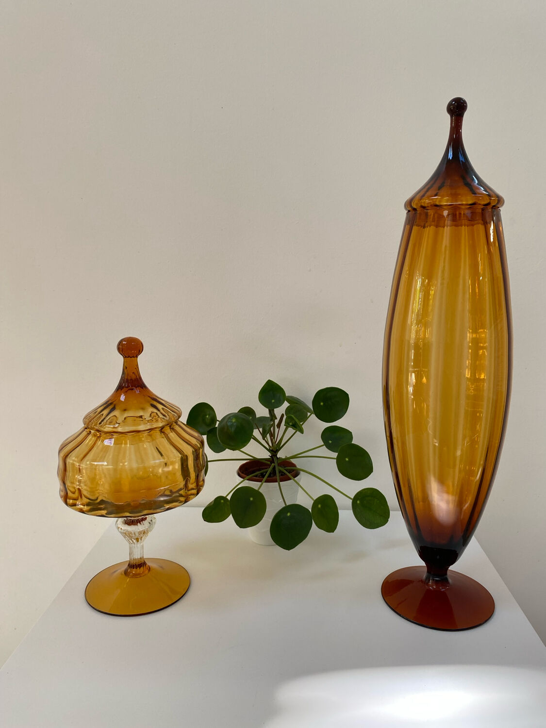 Large XL candy jar Empoli Italy in amber blown glass - 1960s