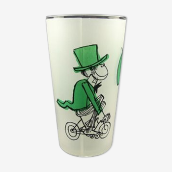 Glass illustrated by Cabu on the theme of the circus, 3 learned monkeys on a bike, green