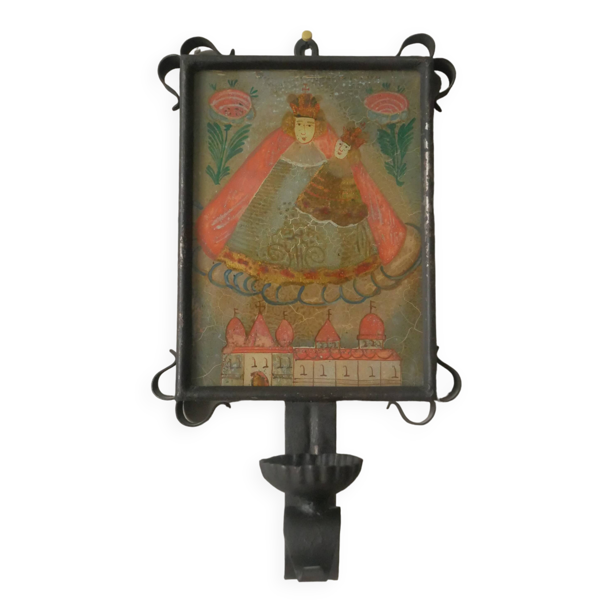 Wall light religious print wrought iron wall candle holder artisanal production countryside