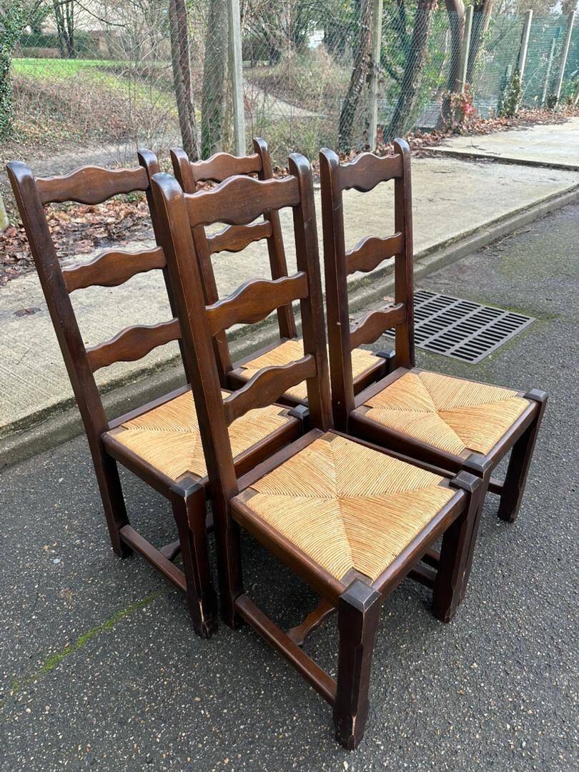 4 dining chairs, solid wood, straw, farmhouse style, dark oak, 20th century, 110cm