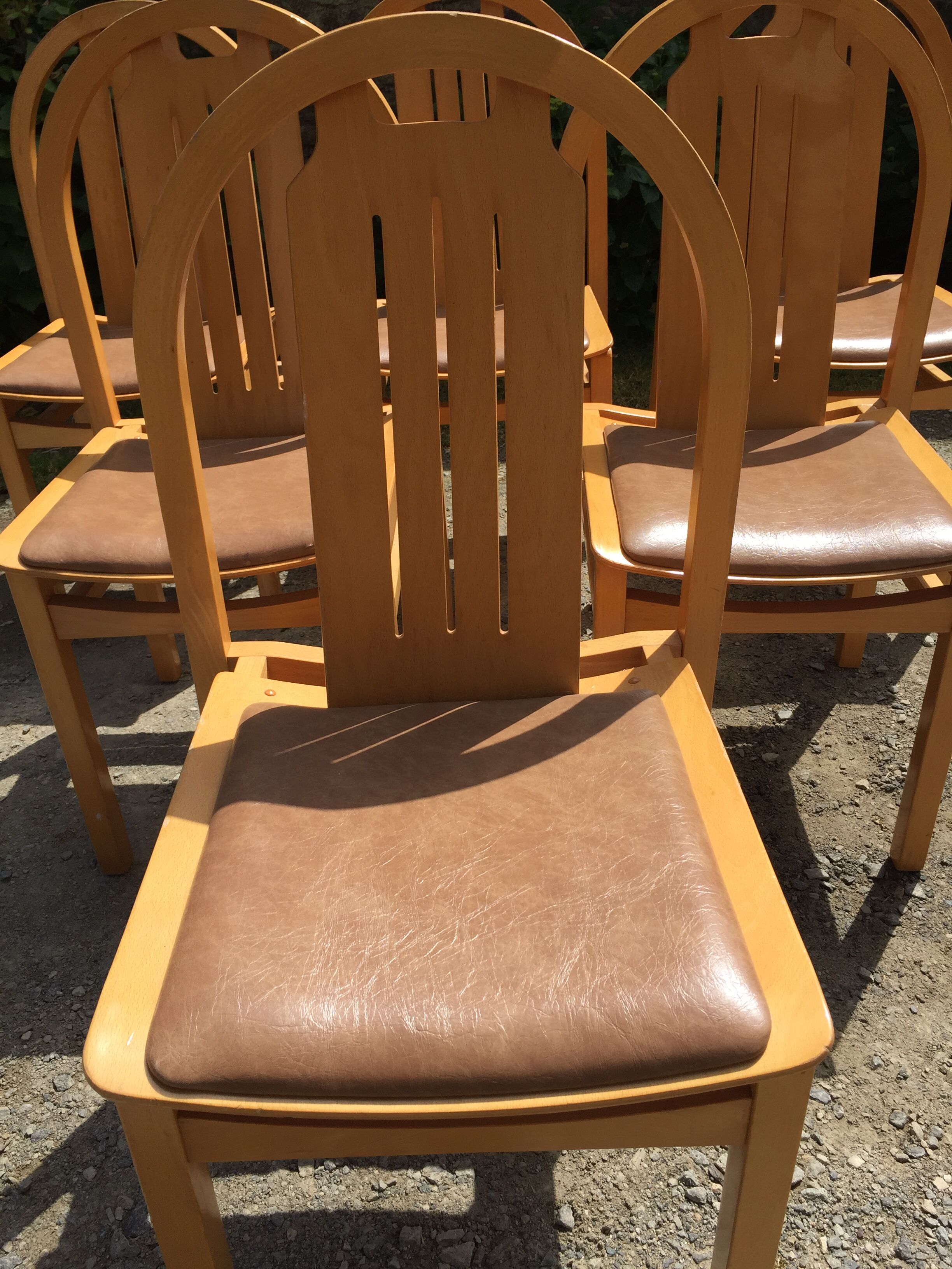 Vintage Baumann chairs in beech, seats in beige brown Skaï, series of 6.