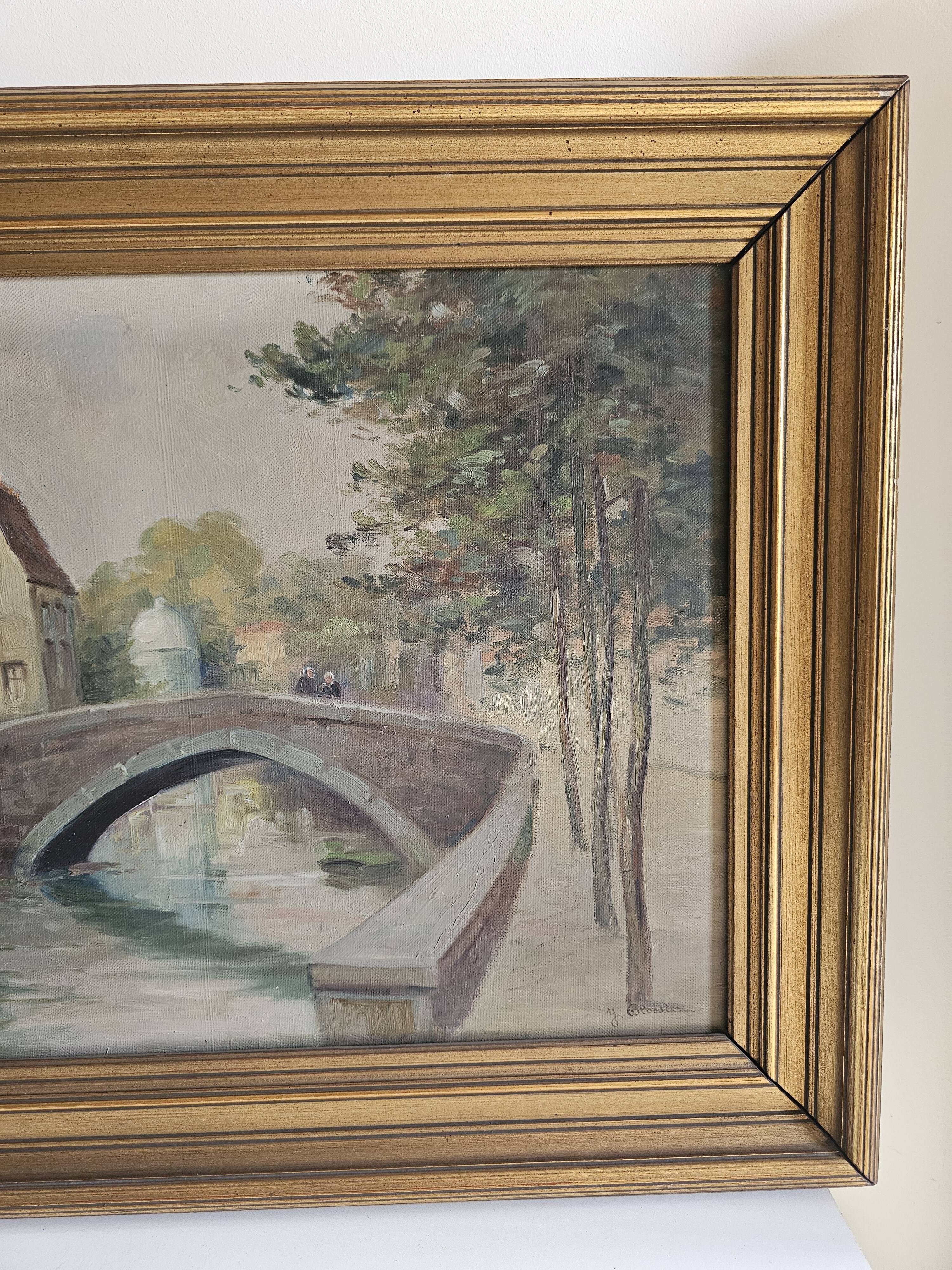 Oil on Canvas Landscape The Old Canals of Bruges - Signed Glossier