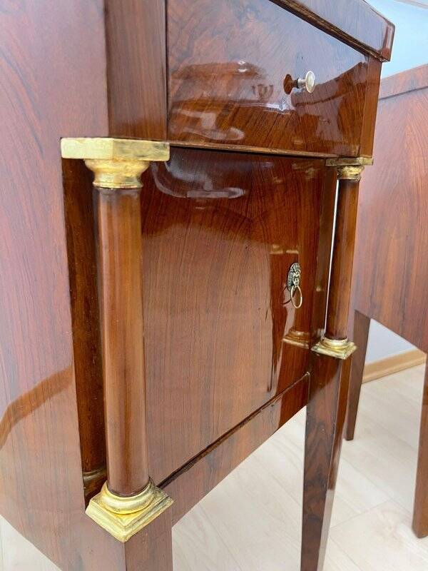 Empire Nightstands in Walnut with Full Columns in Gilt Brass, Italy, 1810, Set of 2