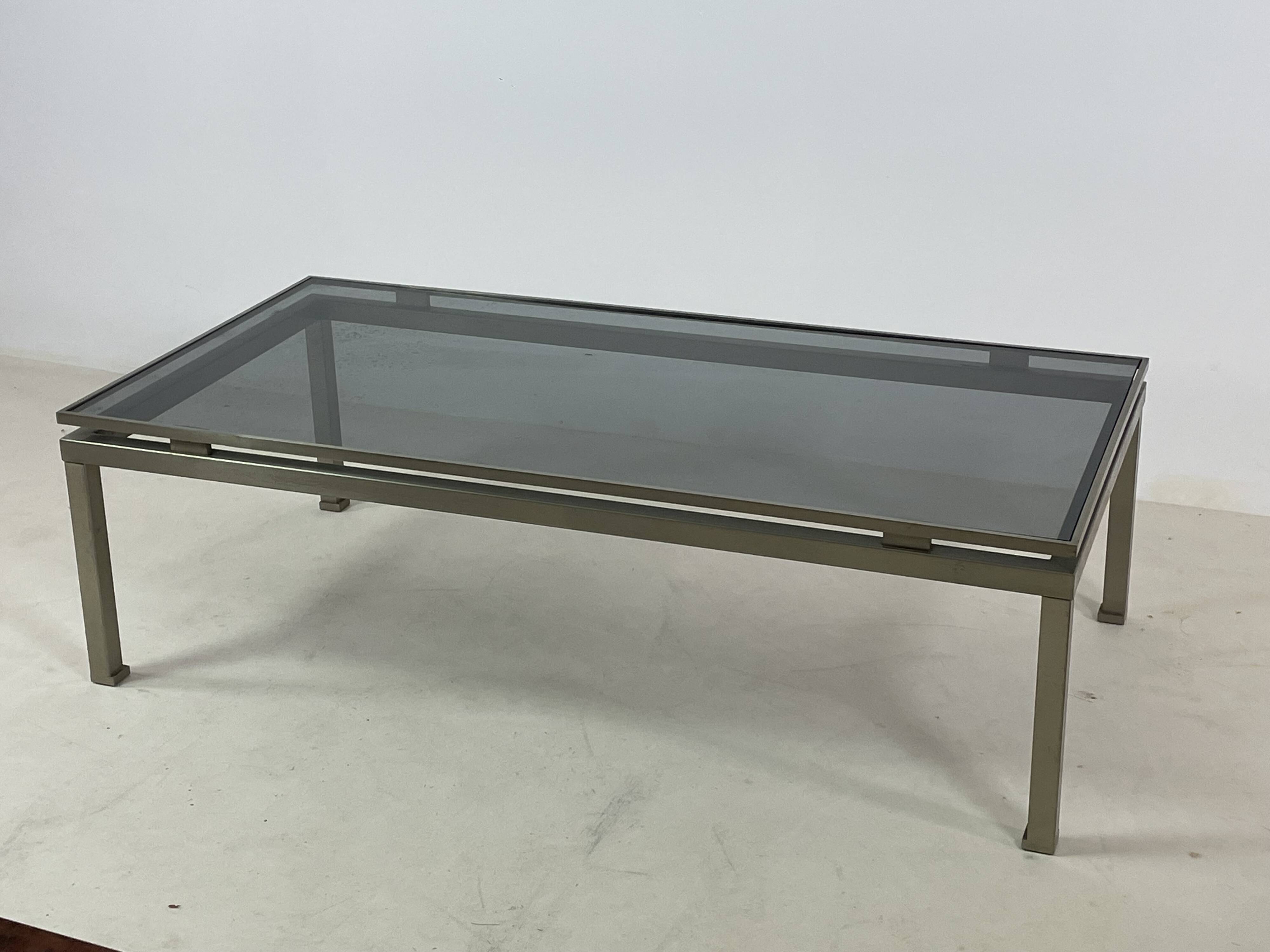 Brass coffee table with smoked glass top by Guy Lefevre, 1970s