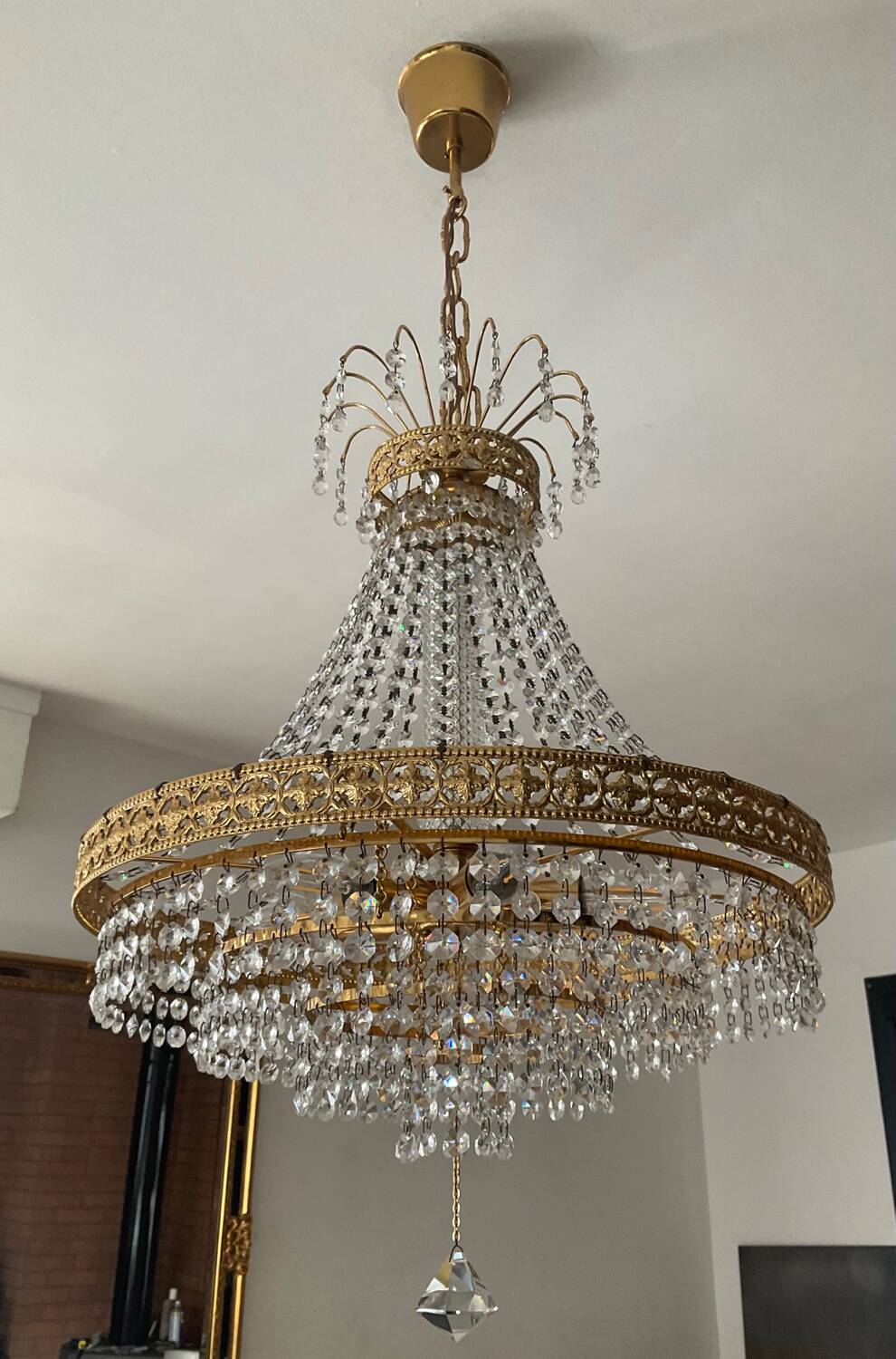 Brass hot air balloon chandelier with cascade of tassels