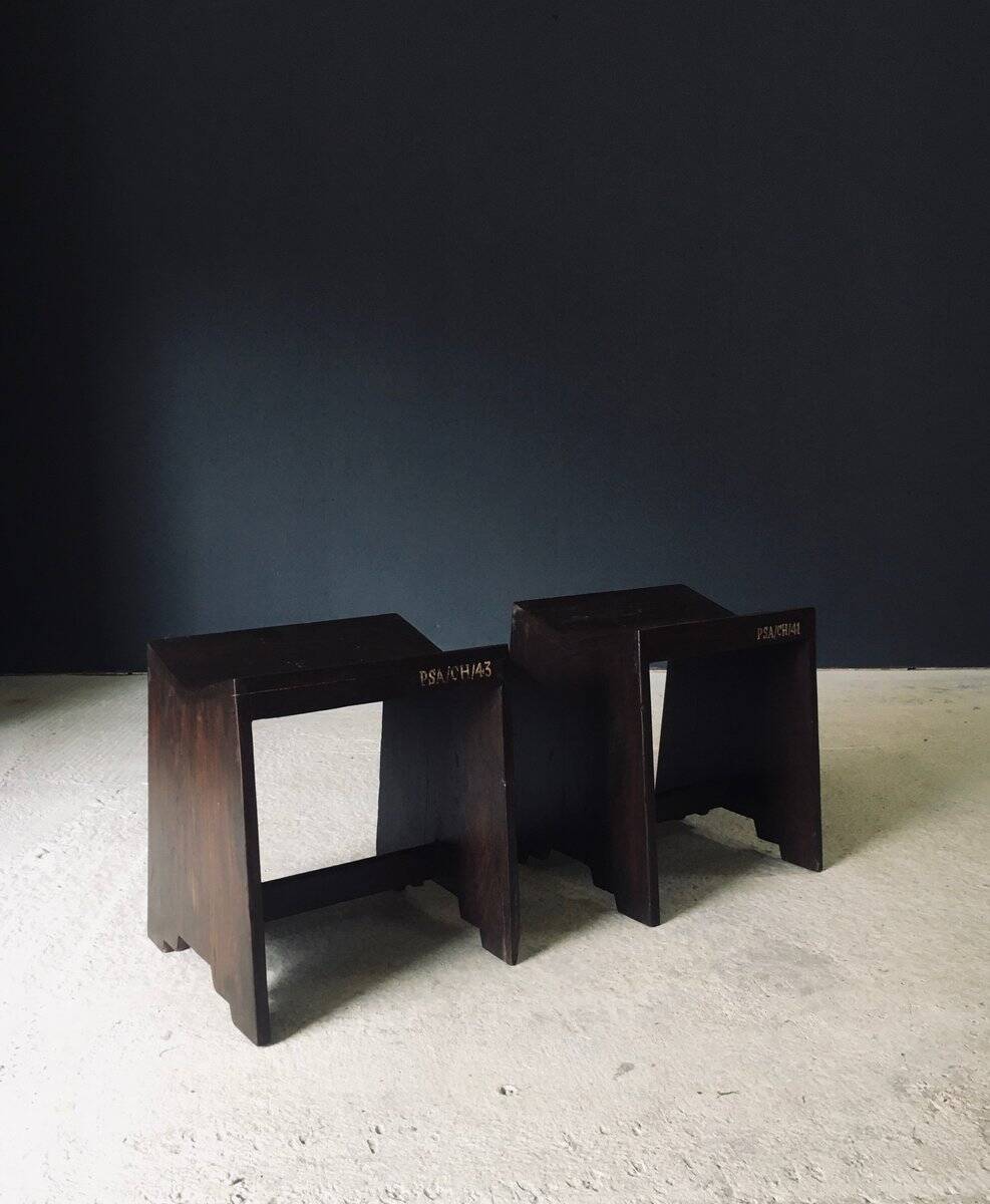 Modernist PJ-SI-68-A Sewing Stools by Pierre Jeanneret for Chandigarh, 1950s, India, Set of 2