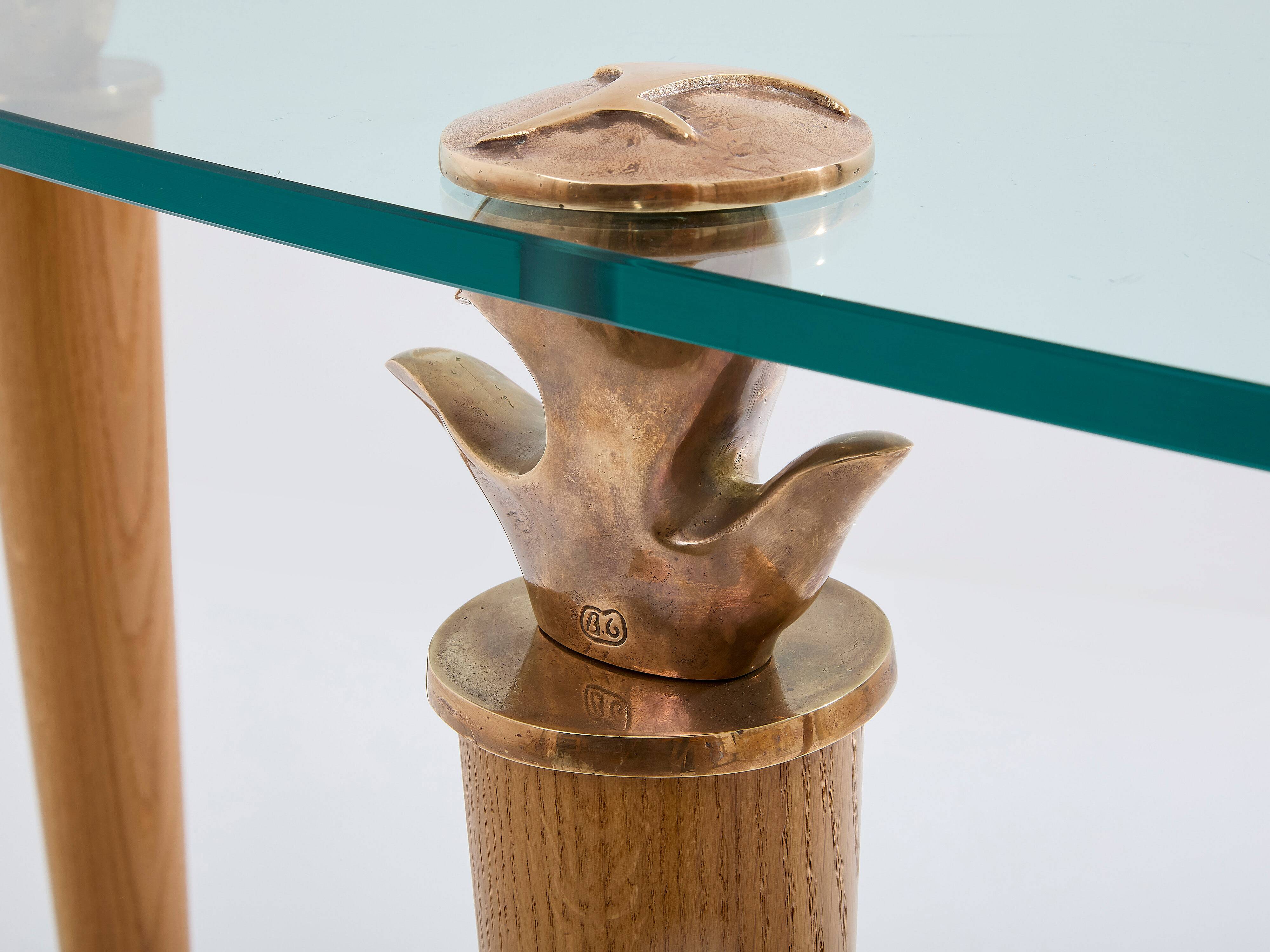 Console chêne massif et bronze verre signée Garouste & Bonetti 1995