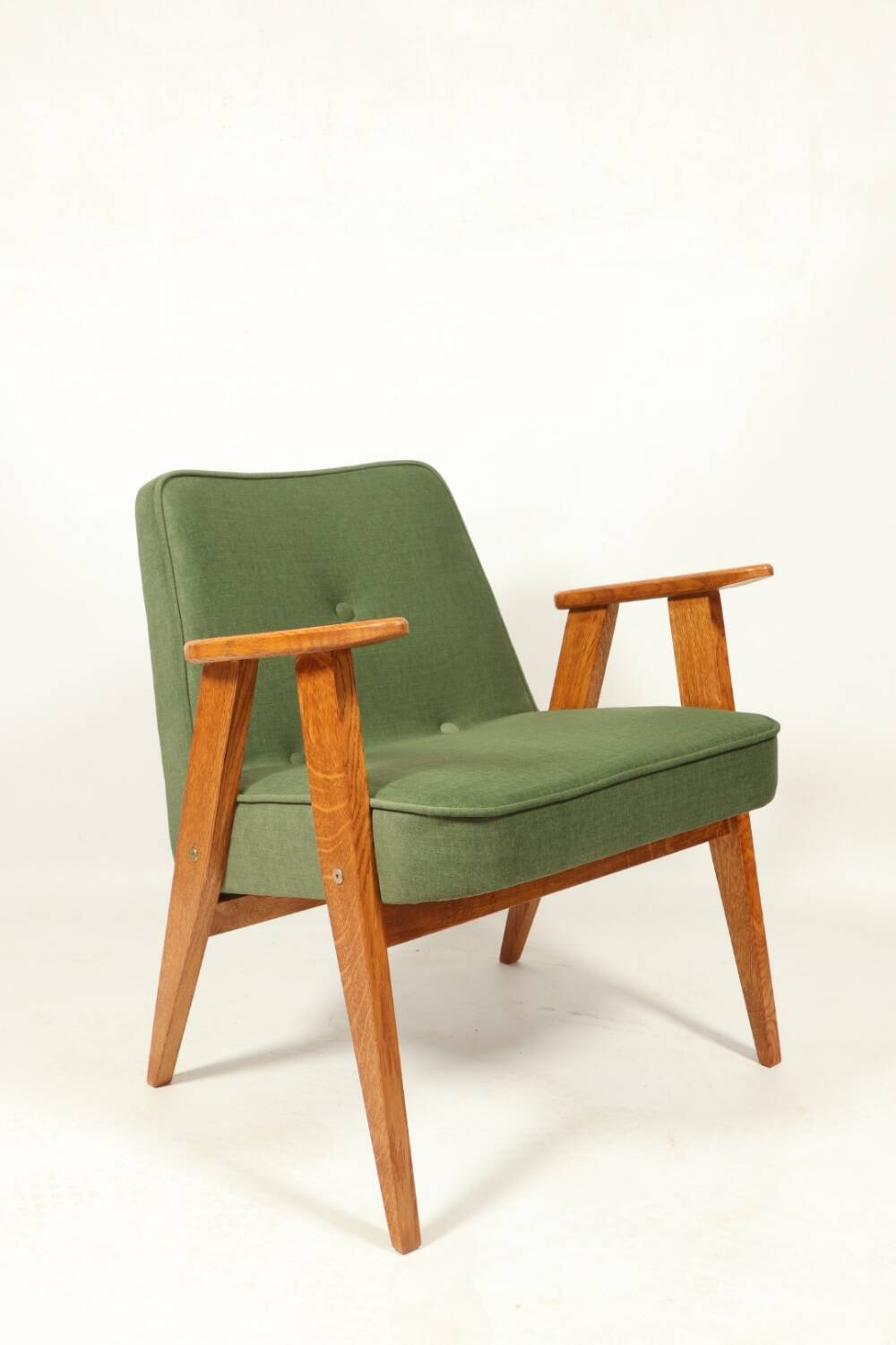 Fauteuil vintage moderne chêne clair vert royal 1962 design par Chierowski
