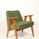 Fauteuil vintage moderne chêne clair vert royal 1962 design par Chierowski