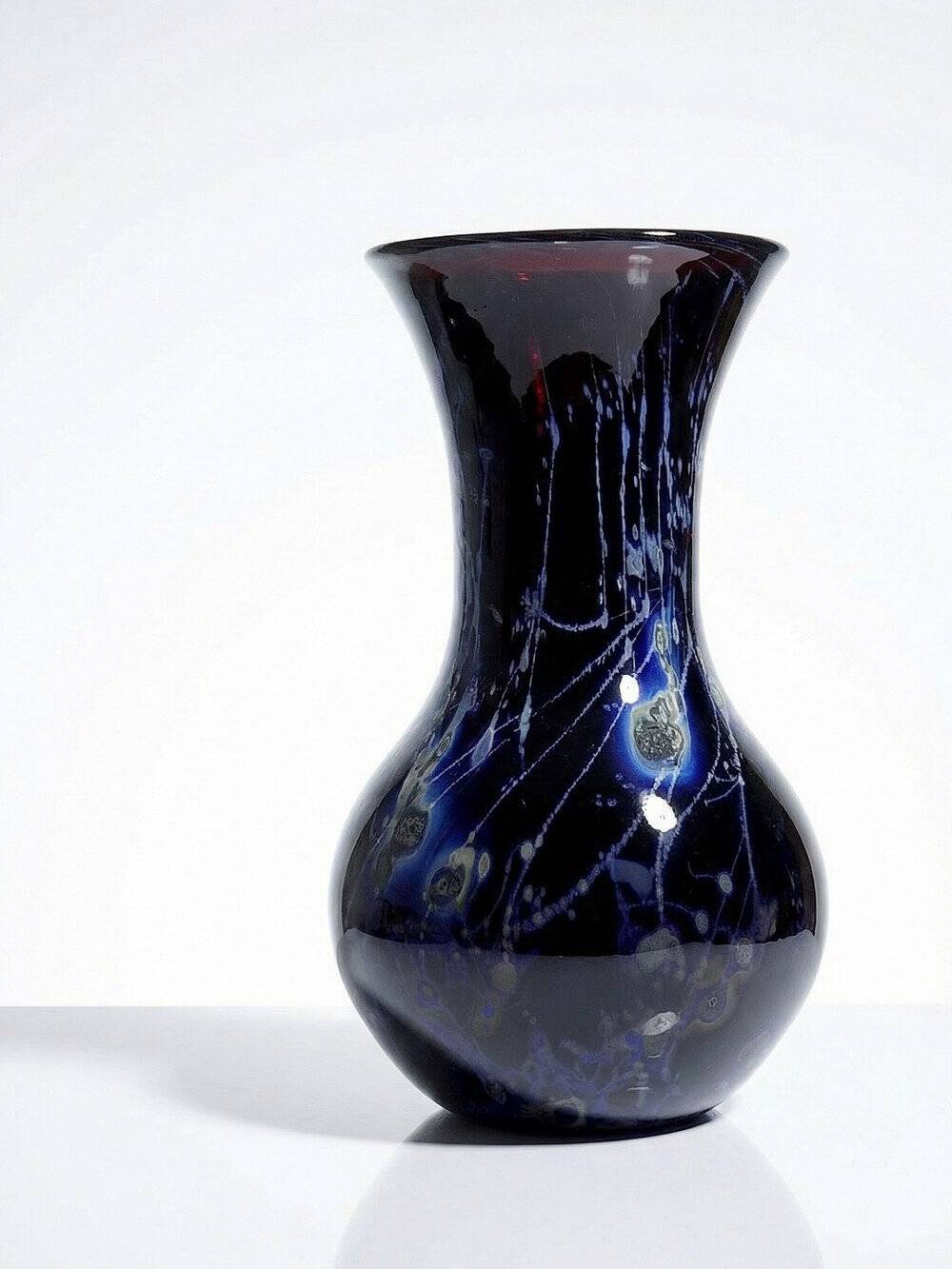 Large vintage purple art glass vase with silver glitter inclusions.