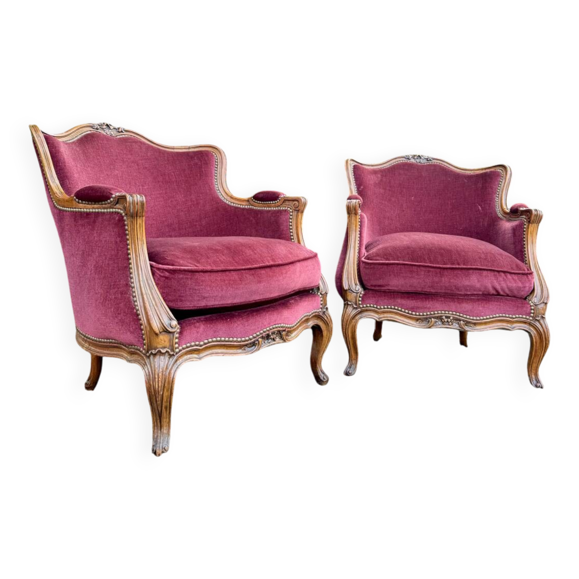 Pair of Louis XV Style Walnut Bergeres, 19th Century