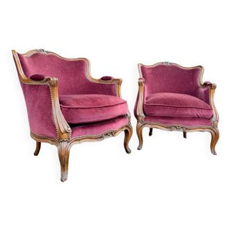 Pair of Louis XV Style Walnut Bergeres, 19th Century