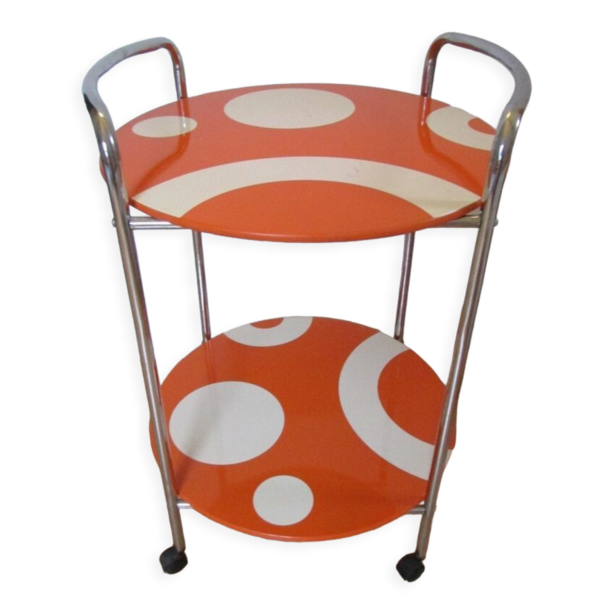 Pedestal table, vintage service on wheels, orange and white