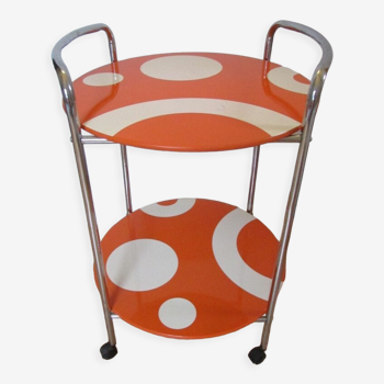 Pedestal table, vintage service on wheels, orange and white