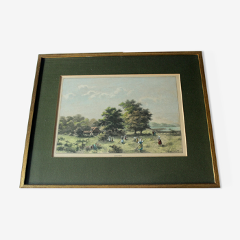 Old lithograph - hay harvest - professionally framed, vintage from the 1950s