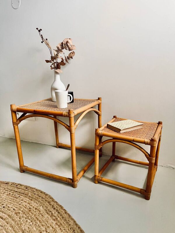 Tables d'appoint gigogne vintage bambou - rotin - osier 1950