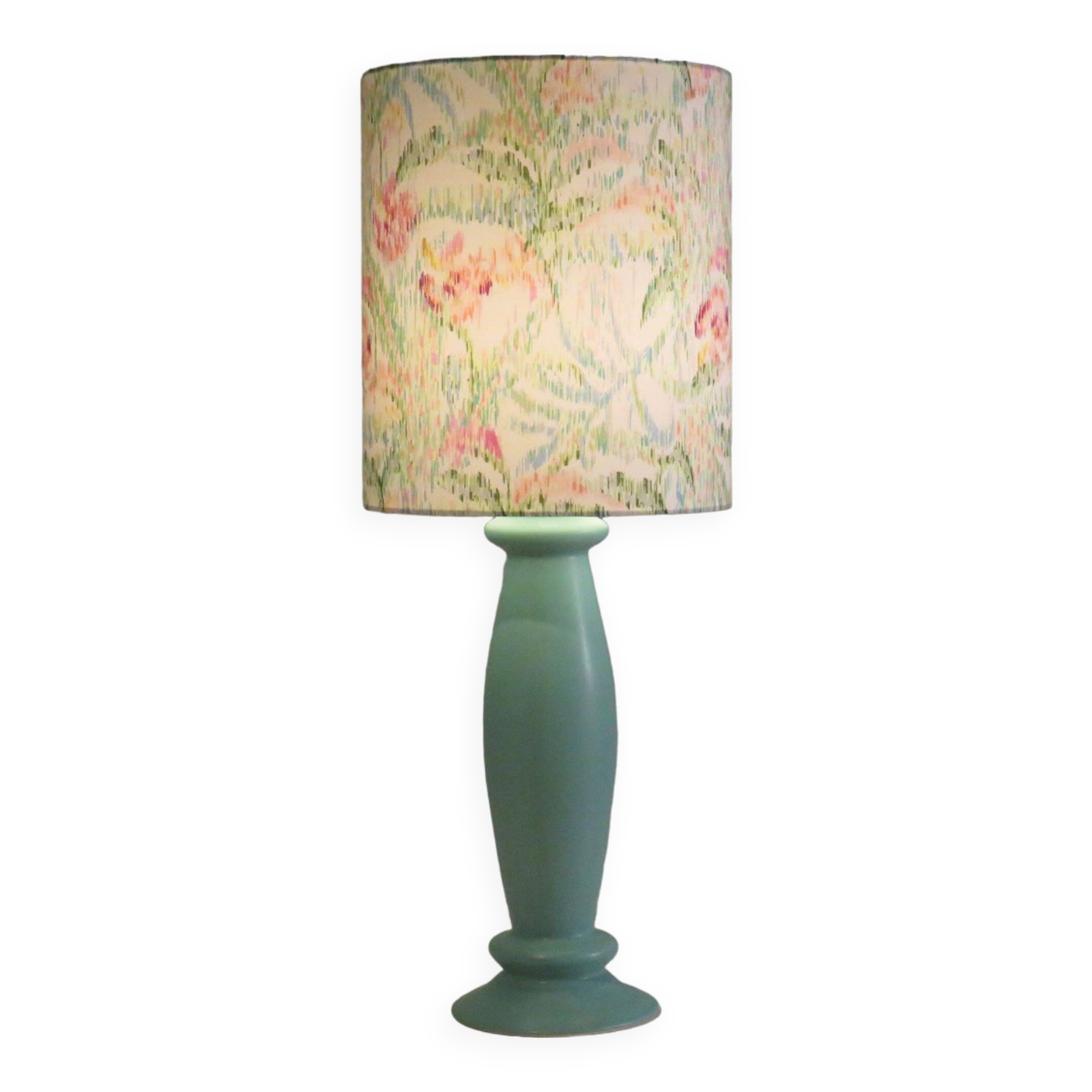 Mint green ceramic table lamp from Porcelaines de Bruxelles in Memphis style. 1980s