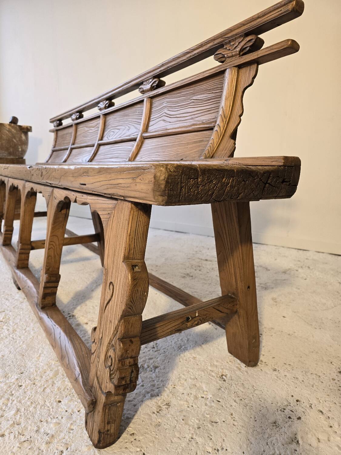 Chinese bench, 19th century, solid elm, temple