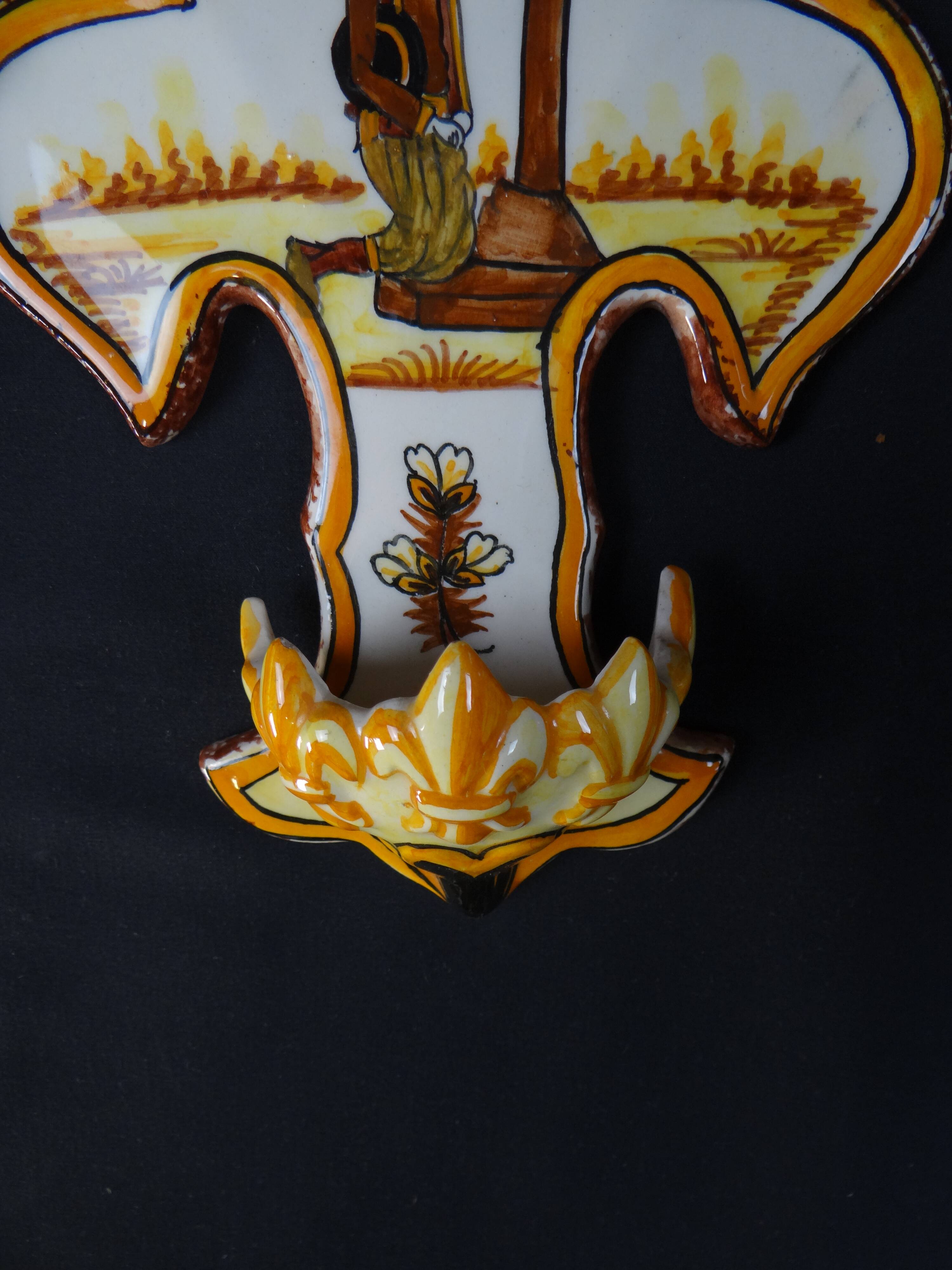 Polychrome earthenware holy water font signed Henriot Quimper from the 60s vintage