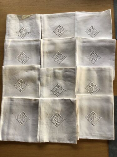 12 serviettes brodées BC carrées damassé ivoire